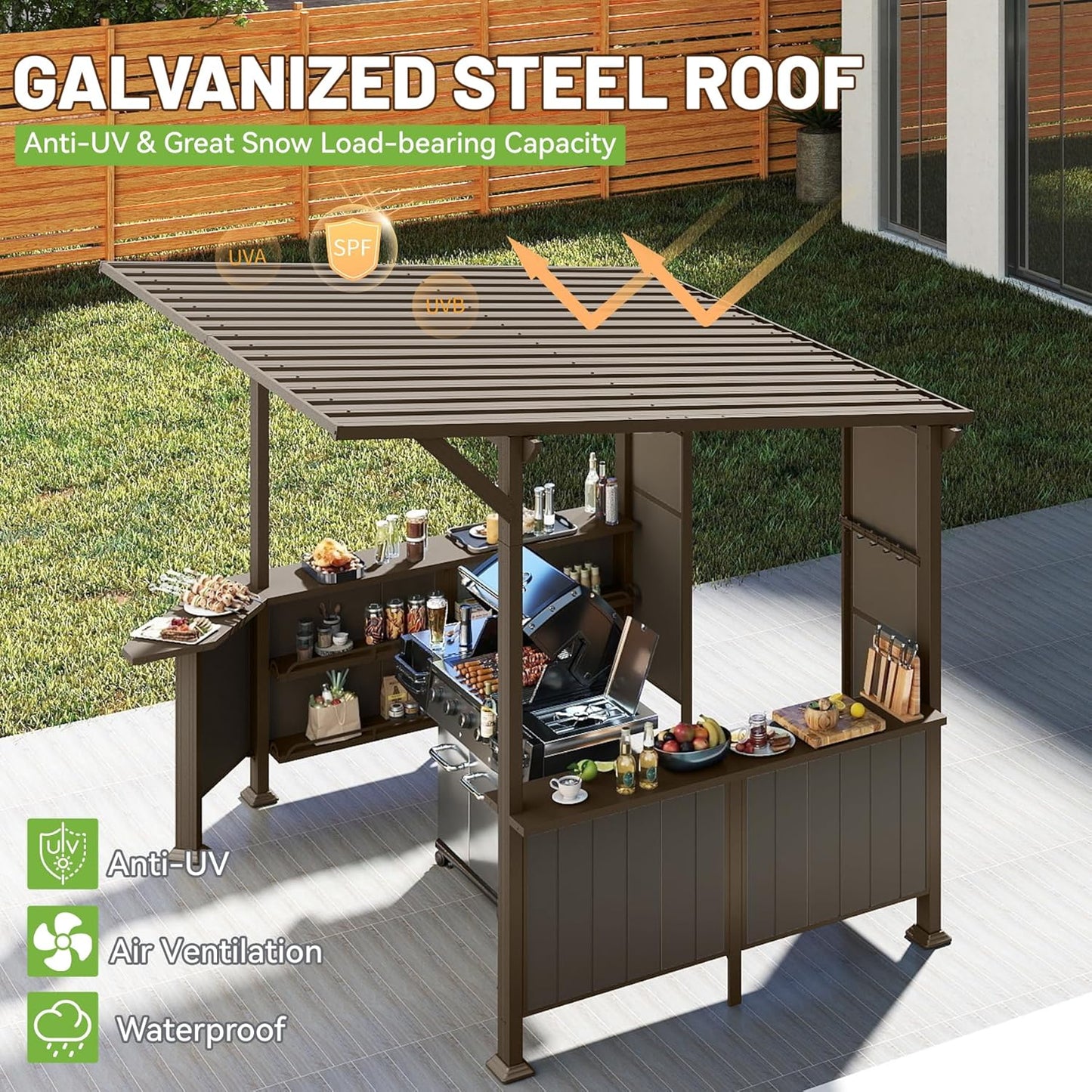 9X10FT Hardtop Grill Gazebo, Lean To Outdoor BBQ Gazebo with Storage Shelves and Expansion Platform