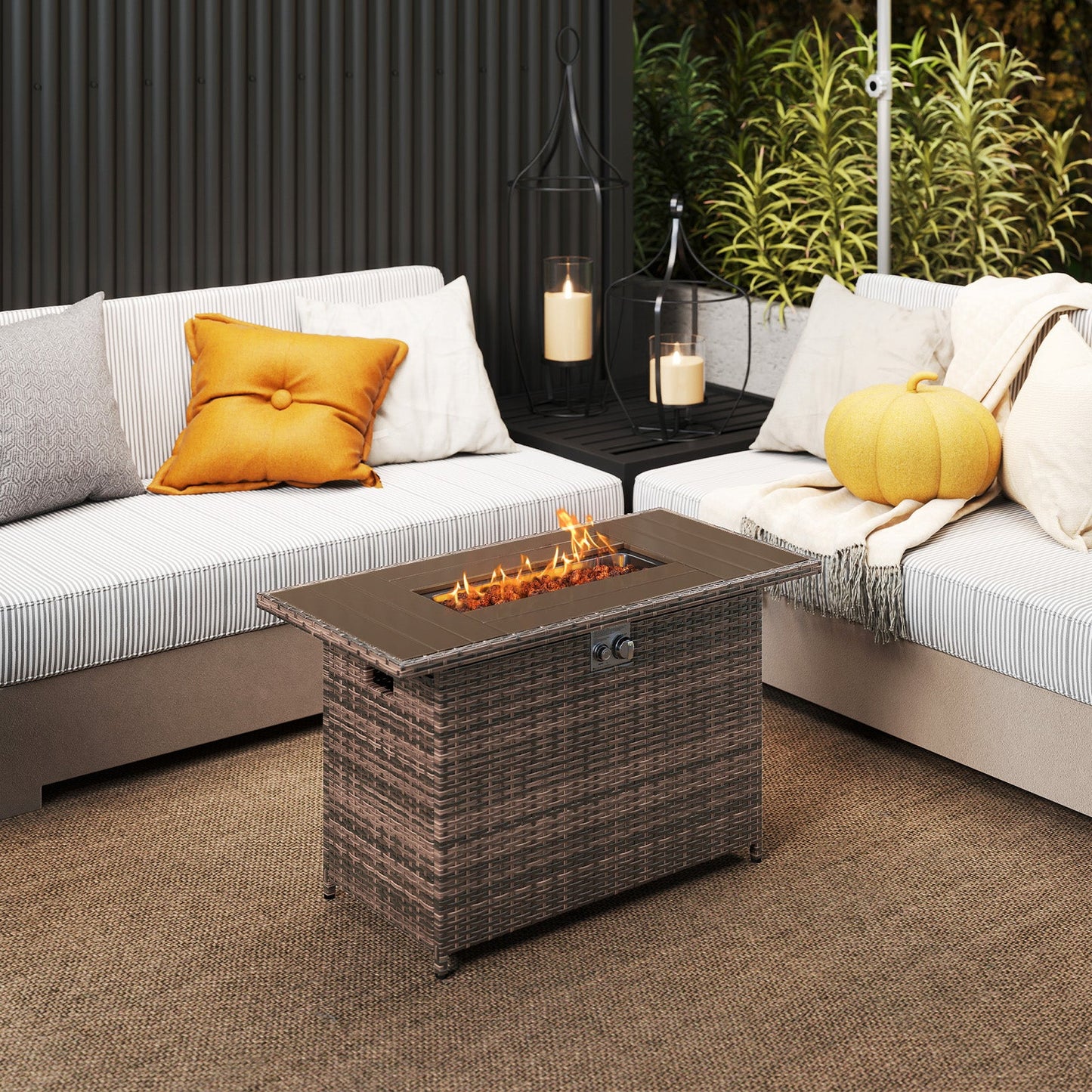 44.5 Inch Propane Fire Pit Table Rattan Gas 2-in-1 with Stainless Steel Burner