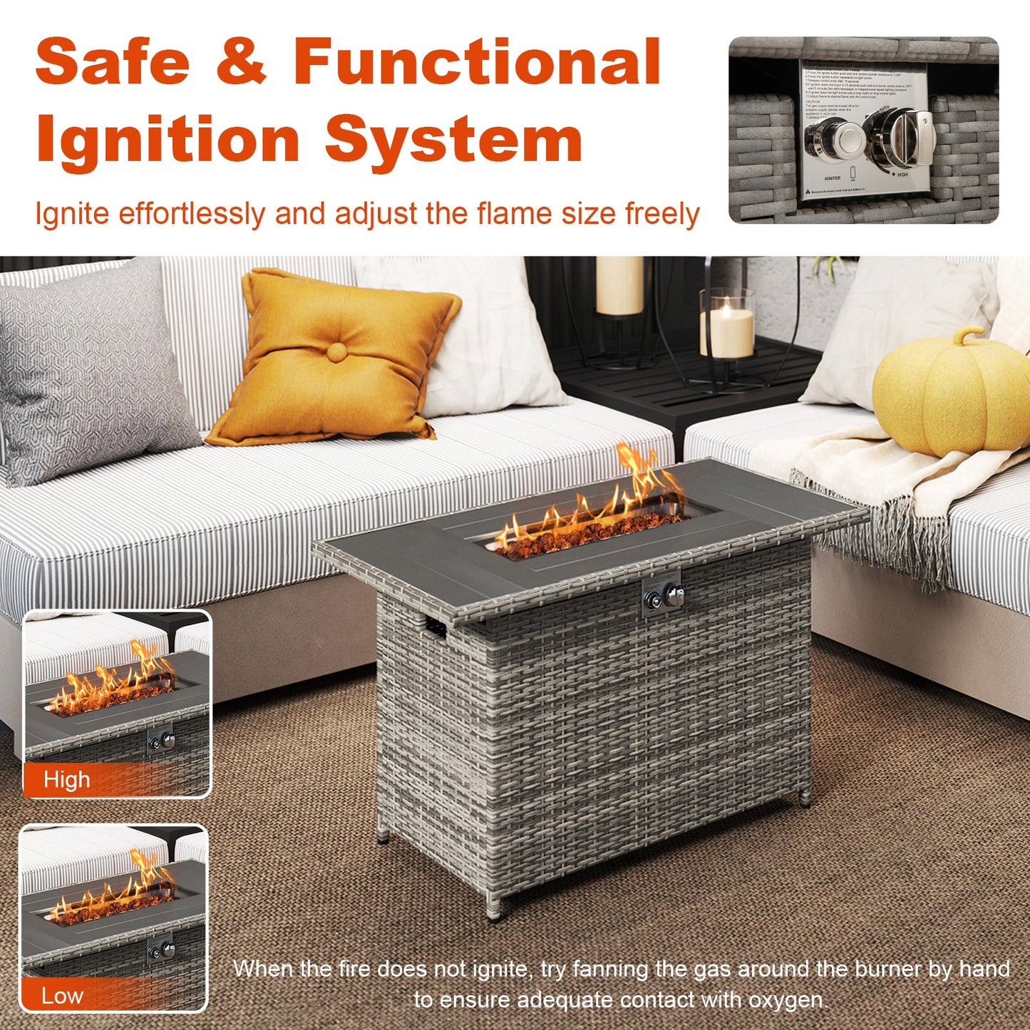 44.5 Inch Propane Fire Pit Table Rattan Gas 2-in-1 with Stainless Steel Burner