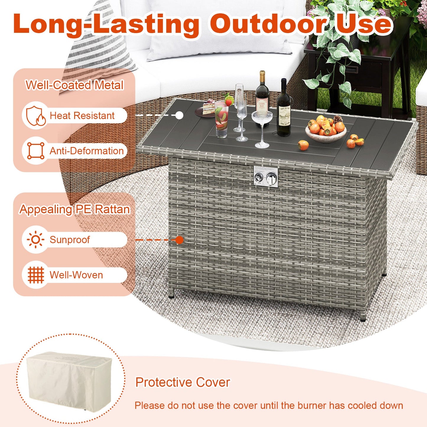 44.5 Inch Propane Fire Pit Table Rattan Gas 2-in-1 with Stainless Steel Burner
