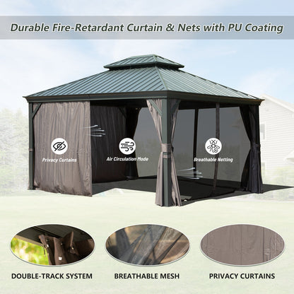 10' x 12' Hardtop Gazebo Outdoor Metal Gazebo with Galvanized Steel Double Roof Canopy, Aluminum Frame, Curtains and