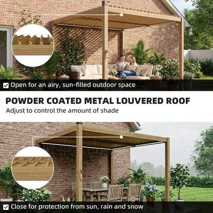 Pergola Louvered Metal Brown 9.8x9.8ft Solar LED Drainage