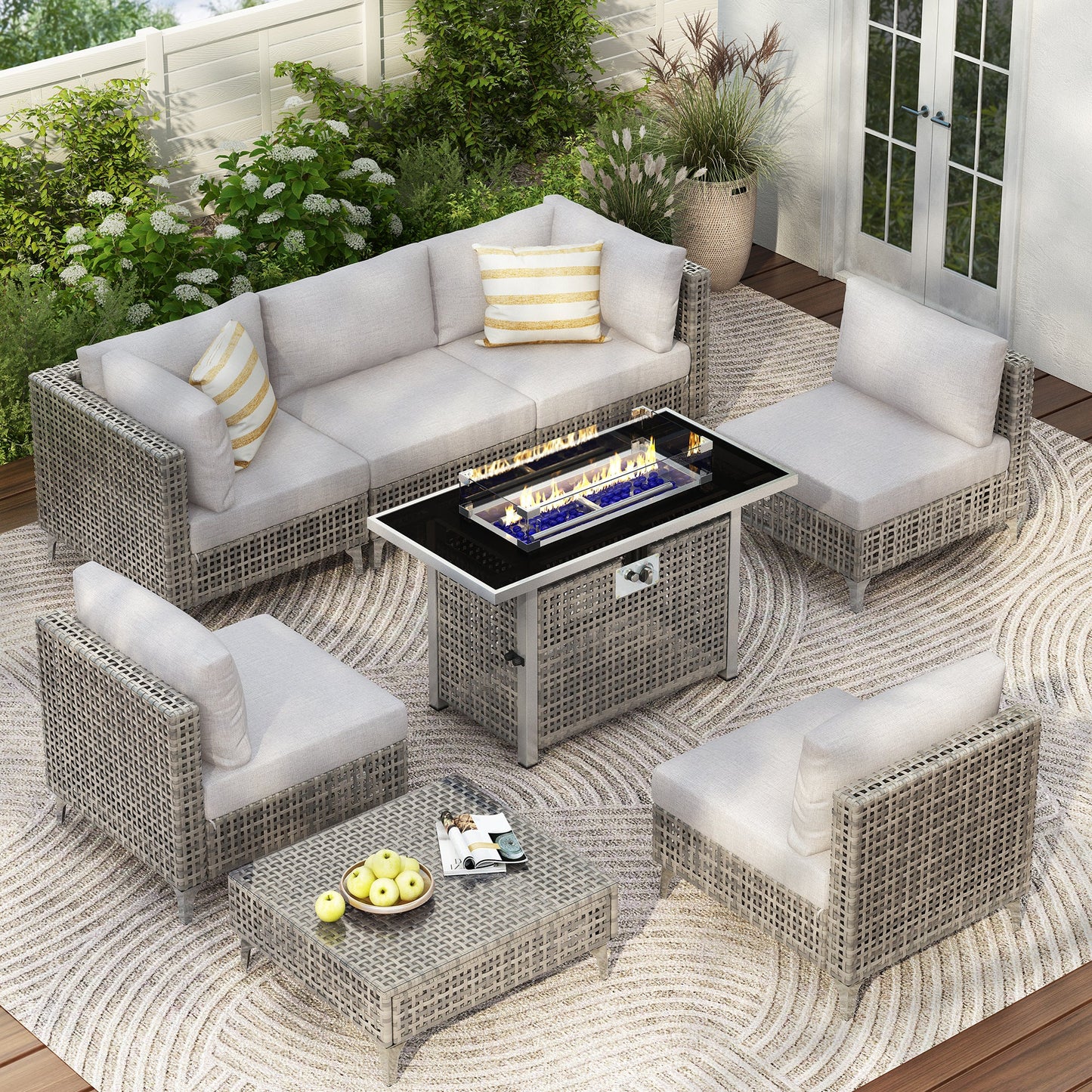 Outdoor Patio Set with Fire Pit Table Rattan Gray 8 Piece 60000 BTU