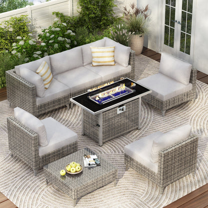 Outdoor Patio Set with Fire Pit Table Rattan Gray 8 Piece 60000 BTU
