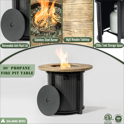 30" Propane Fire Pit Table | 50,000 BTU Round Steel Fire Pit with Wood-Grain Finish & Glass Stones
