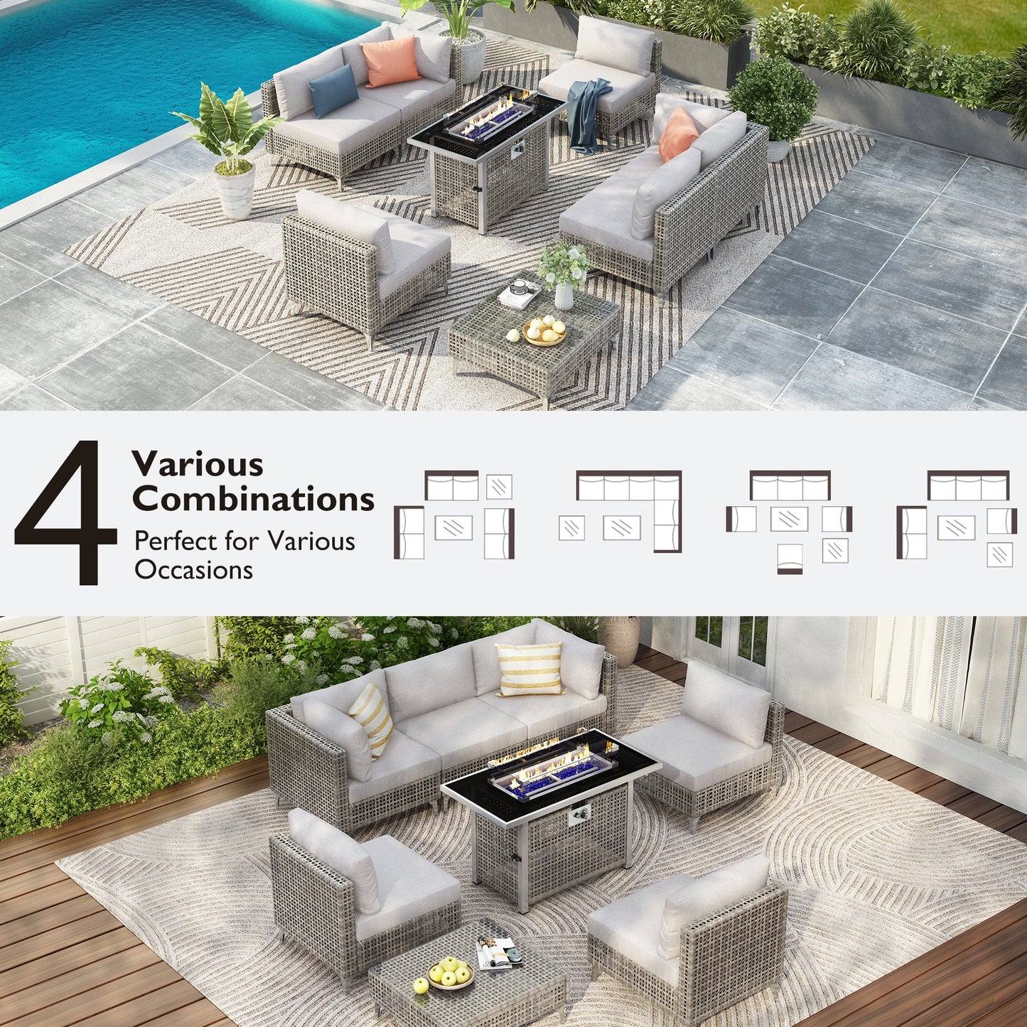 Outdoor Patio Set with Fire Pit Table Rattan Gray 8 Piece 60000 BTU
