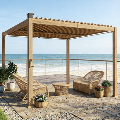 Pergola Louvered Metal Brown 9.8x9.8ft Solar LED Drainage