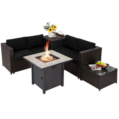 5-Piece Patio Furniture Set with 30 Inches Gas Fire Pit Table Outdoor PE Wicker Sofa Set