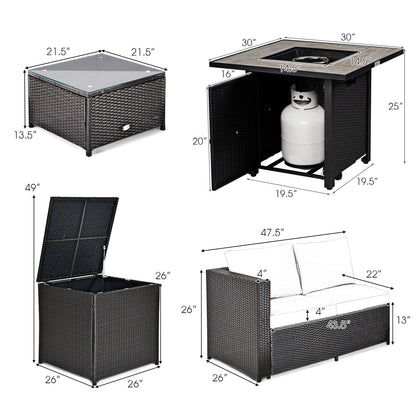 5-Piece Patio Furniture Set with 30 Inches Gas Fire Pit Table Outdoor PE Wicker Sofa Set