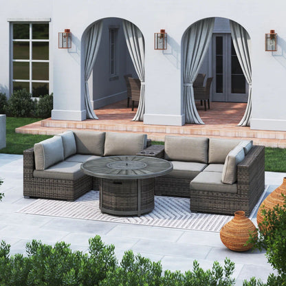 All Weather 4 Person Patio Sofa Set With Fire Pit And Side Table Rustproof - Brown