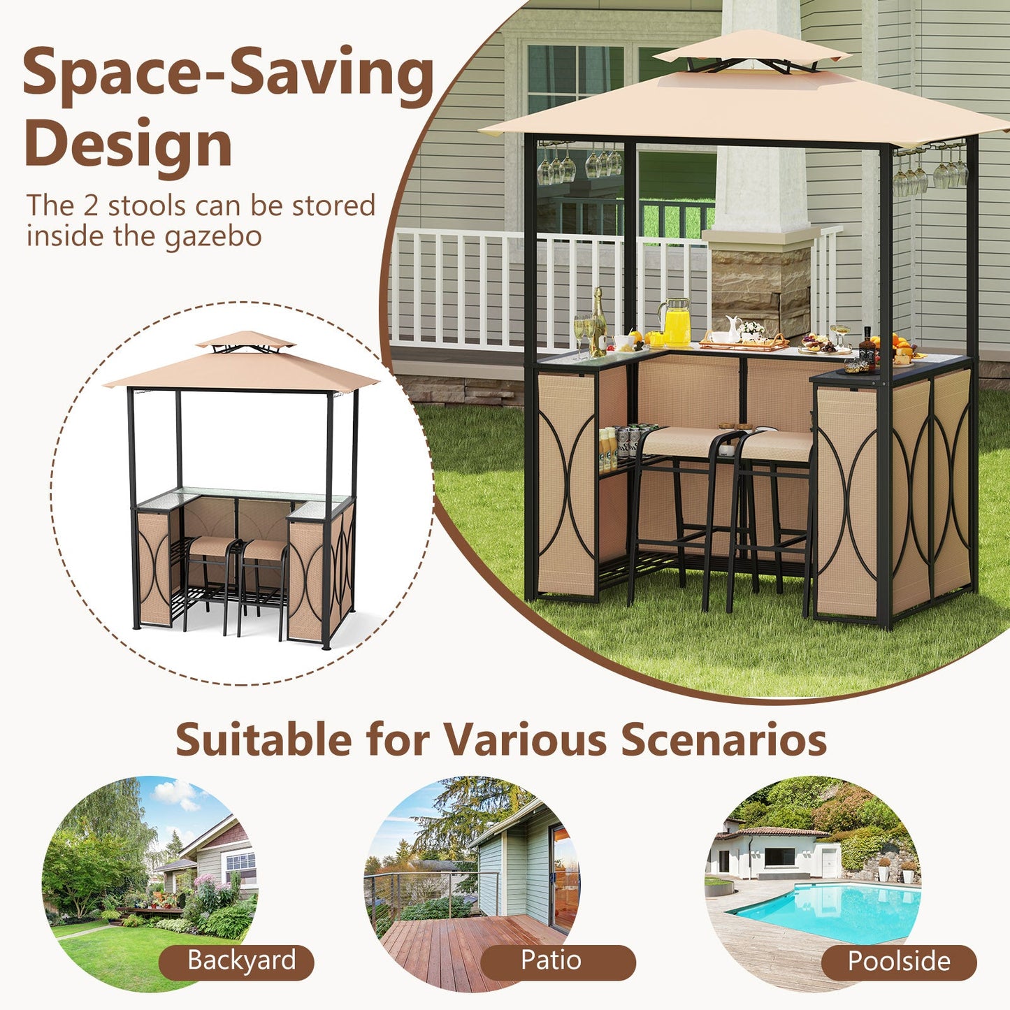 6.5 x 4 x 8 FT Grill Gazebo Set with 2 Bar Stools and Bar Table
