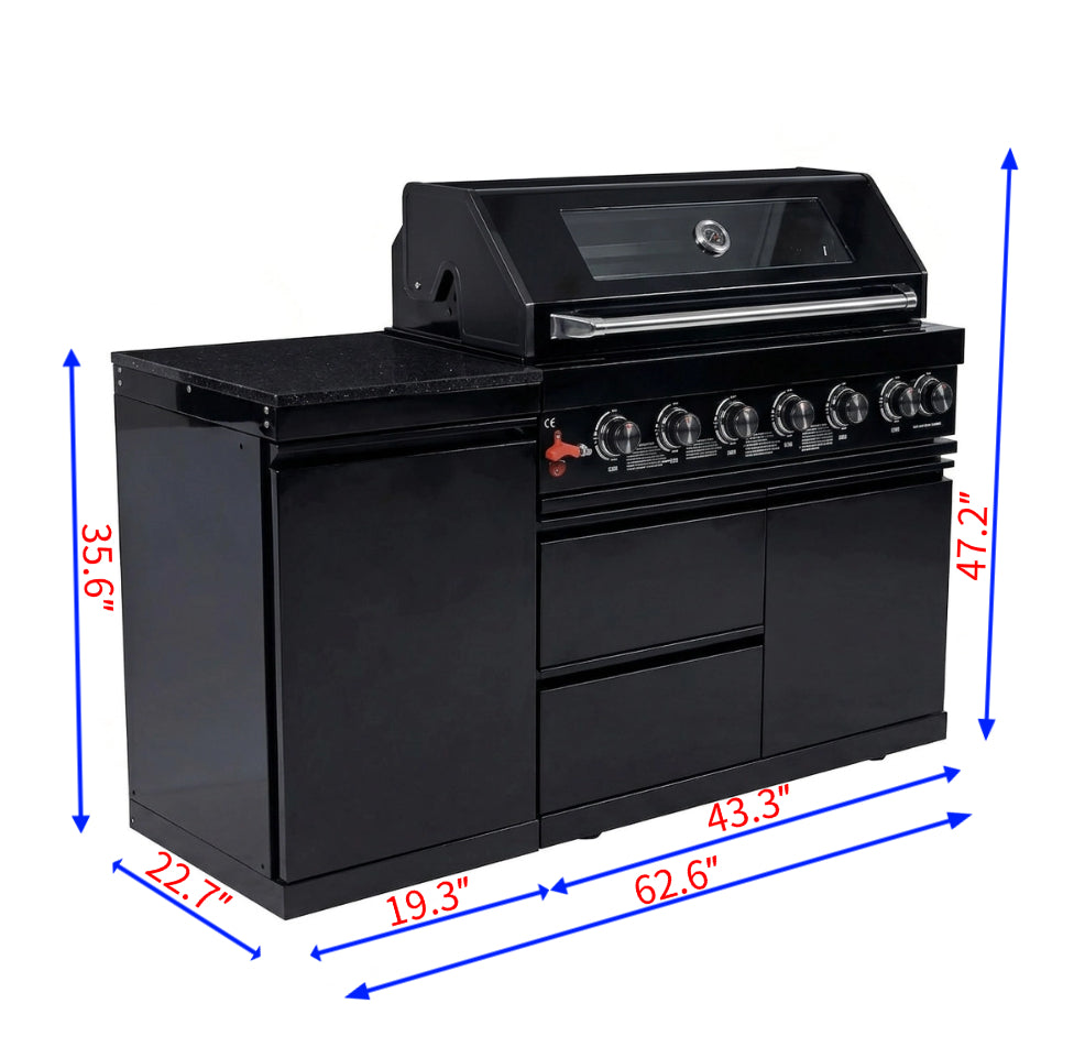 63" 6-Burner 85,000 BTU Black Outdoor Kitchen Island Grill + Marble Countertops