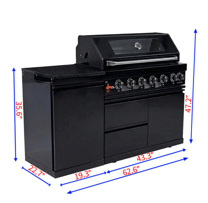 63" 6-Burner 85,000 BTU Black Outdoor Kitchen Island Grill + Marble Countertops