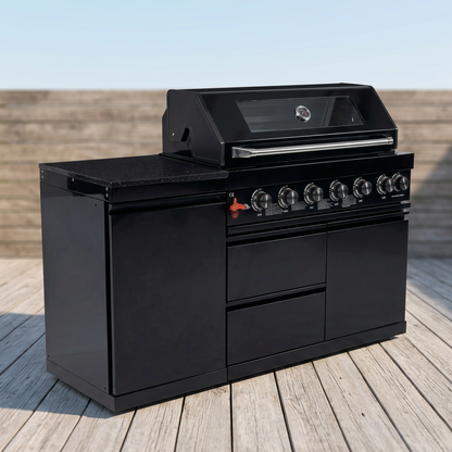 63" 6-Burner 85,000 BTU Black Outdoor Kitchen Island Grill + Marble Countertops