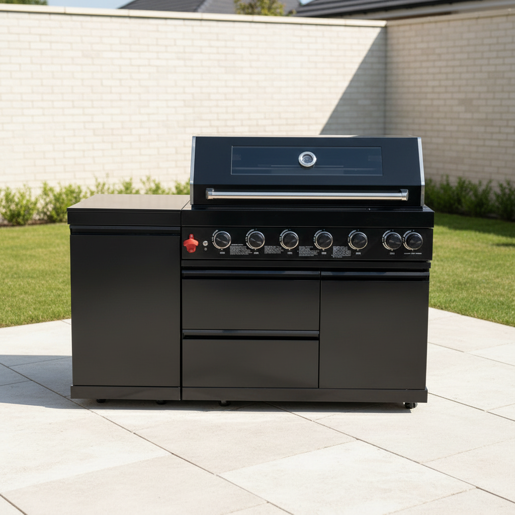 63" 6-Burner 85,000 BTU Black Outdoor Kitchen Island Grill + Marble Countertops