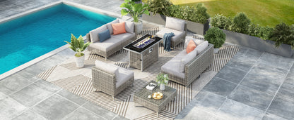 Outdoor Patio Set with Fire Pit Table Rattan Gray 8 Piece 60000 BTU
