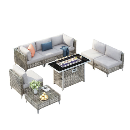 Outdoor Patio Set with Fire Pit Table Rattan Gray 8 Piece 60000 BTU