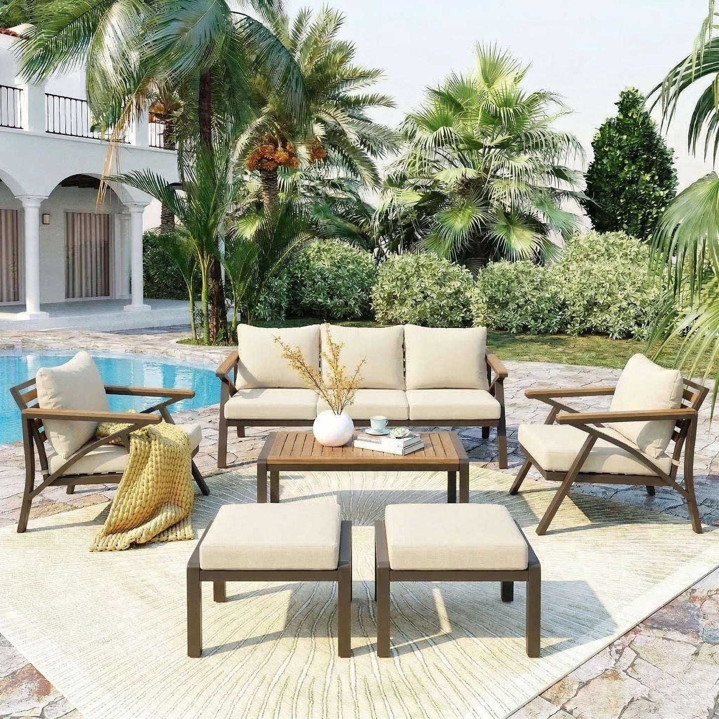 6-Piece Outdoor Patio Furniture Set with Steel Frame Sofa & Acacia Wood Table