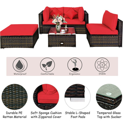 5 Pcs Outdoor Patio Rattan Furniture Set Sectional Conversation with Navy Cushions-Turquoise