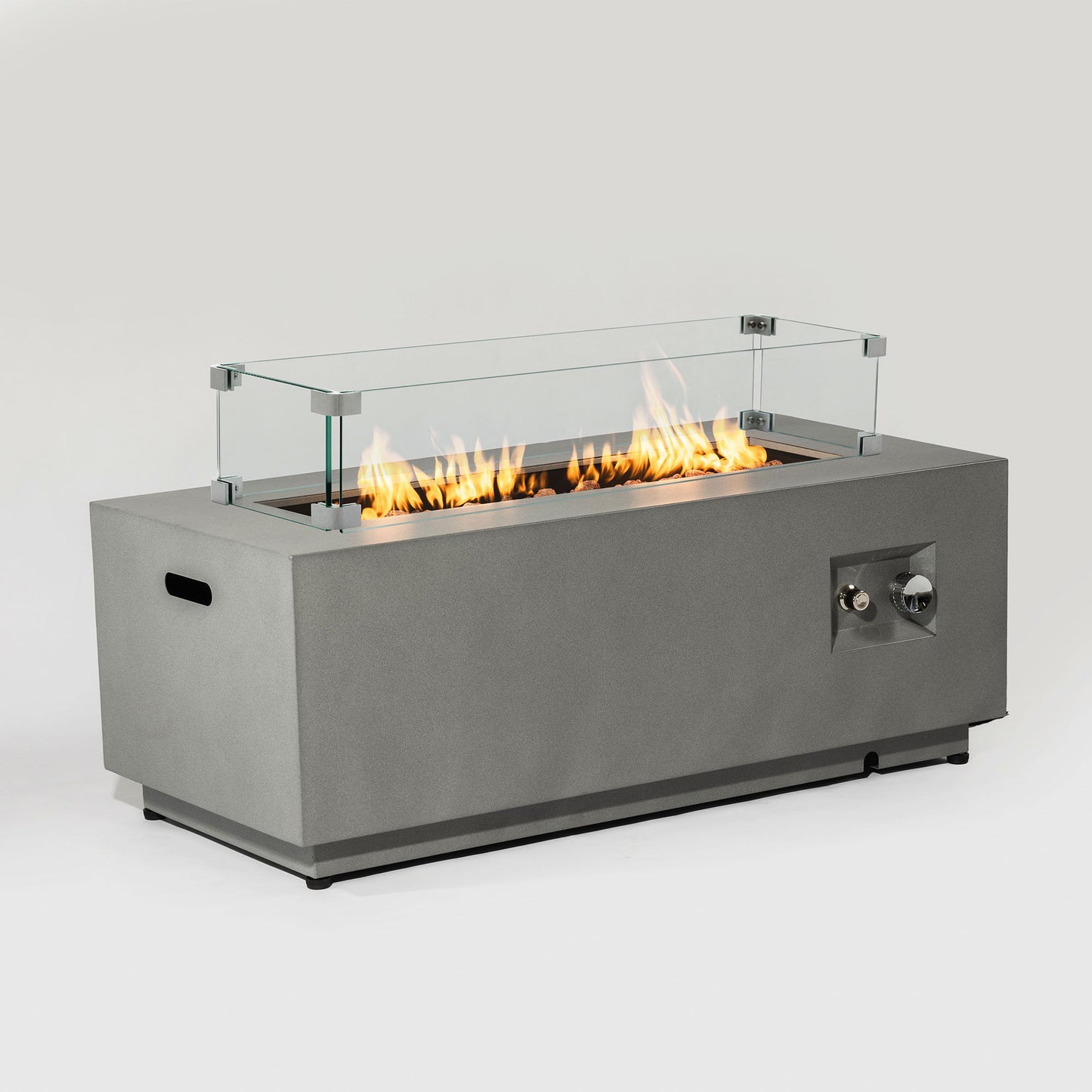 Propane Gas Fire Pit Table, 50000 Btu Rectangular With Glass Wind Guard For Outside - Gray