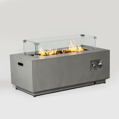 Propane Gas Fire Pit Table, 50000 Btu Rectangular With Glass Wind Guard For Outside - Gray