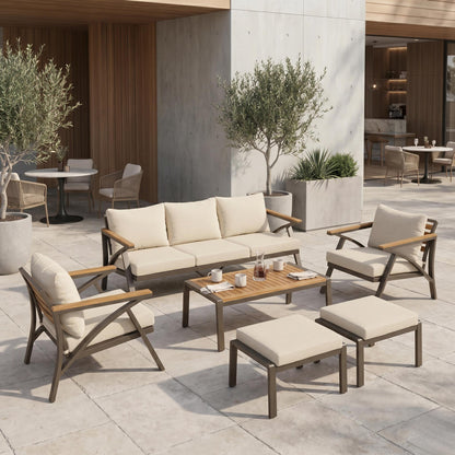 6-Piece Outdoor Patio Furniture Set with Steel Frame Sofa & Acacia Wood Table