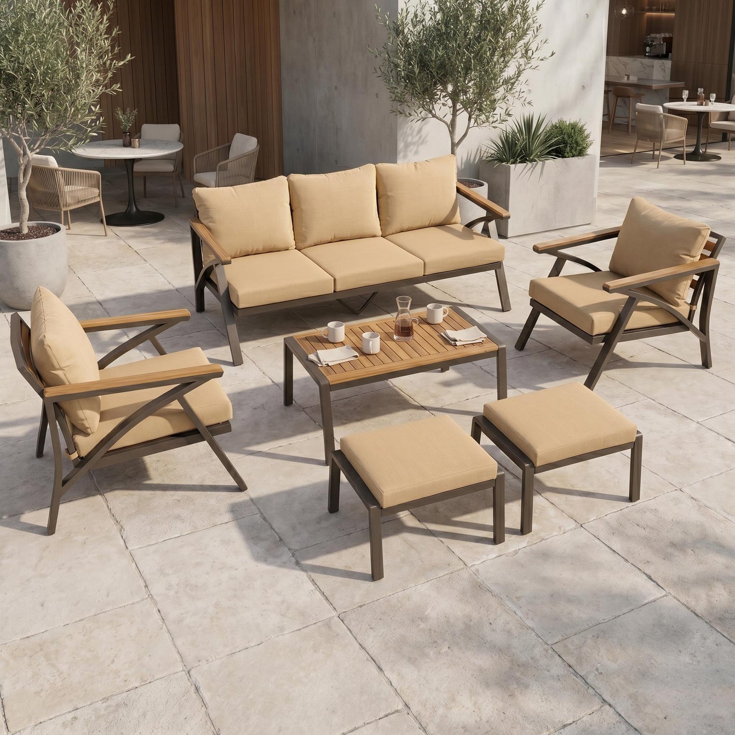 6-Piece Outdoor Patio Furniture Set with Steel Frame Sofa & Acacia Wood Table