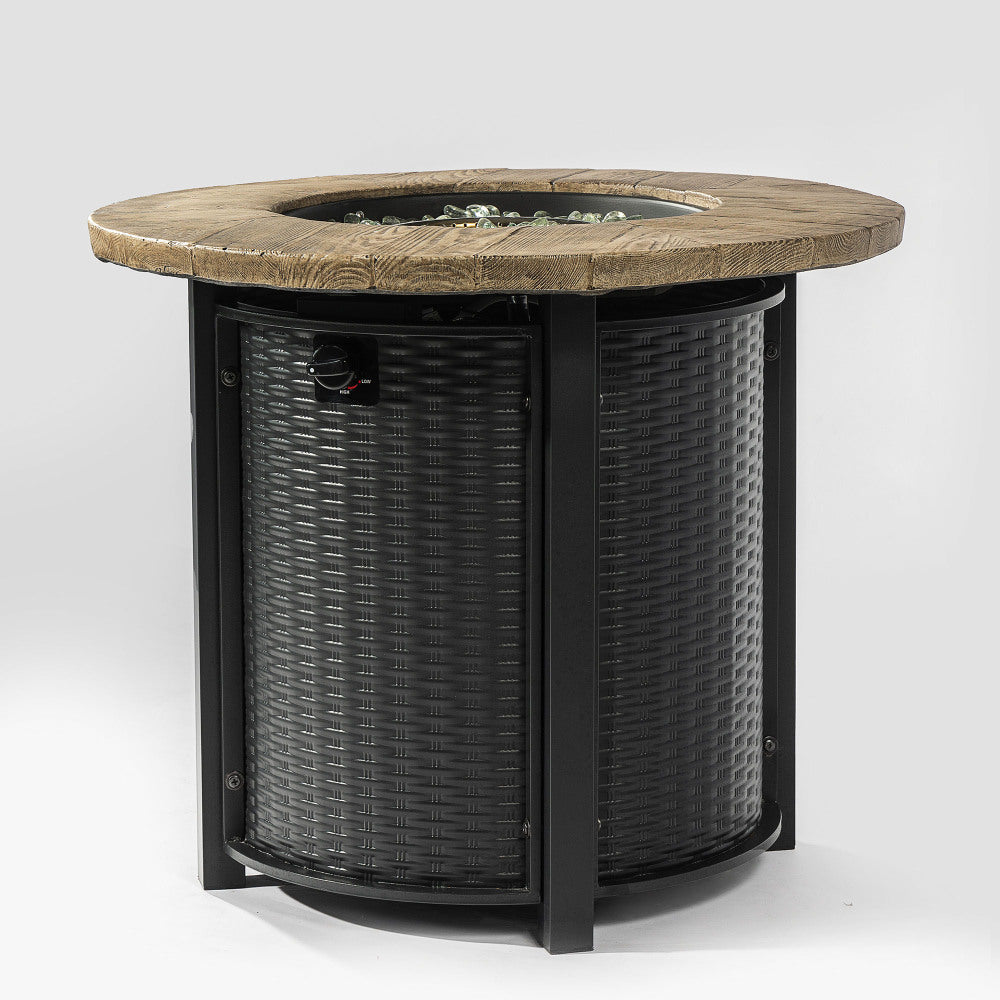 30" Propane Fire Pit Table | 50,000 BTU Round Steel Fire Pit with Wood-Grain Finish & Glass Stones