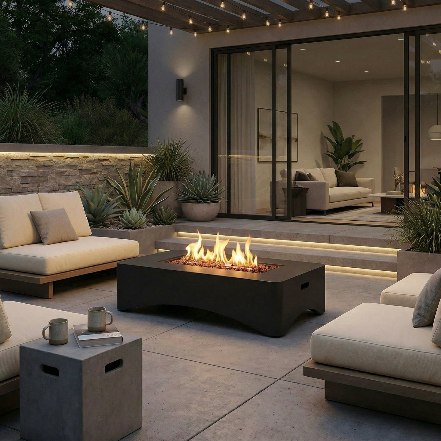 56" Propane Fire Pit Table, Rectangular Outdoor Gas Fire Pit