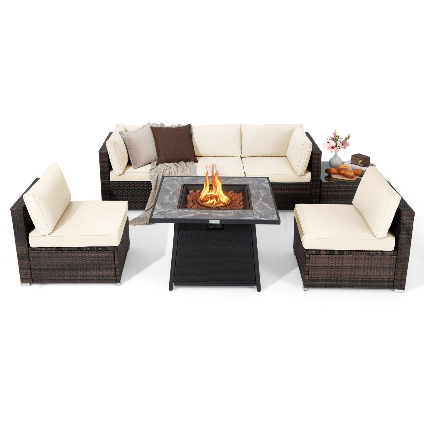 7 Pieces Patio Furniture Set with 35 Inches 50000 BTU Propane Gas Fire Pit Table and Waterproof Cover for Firpit