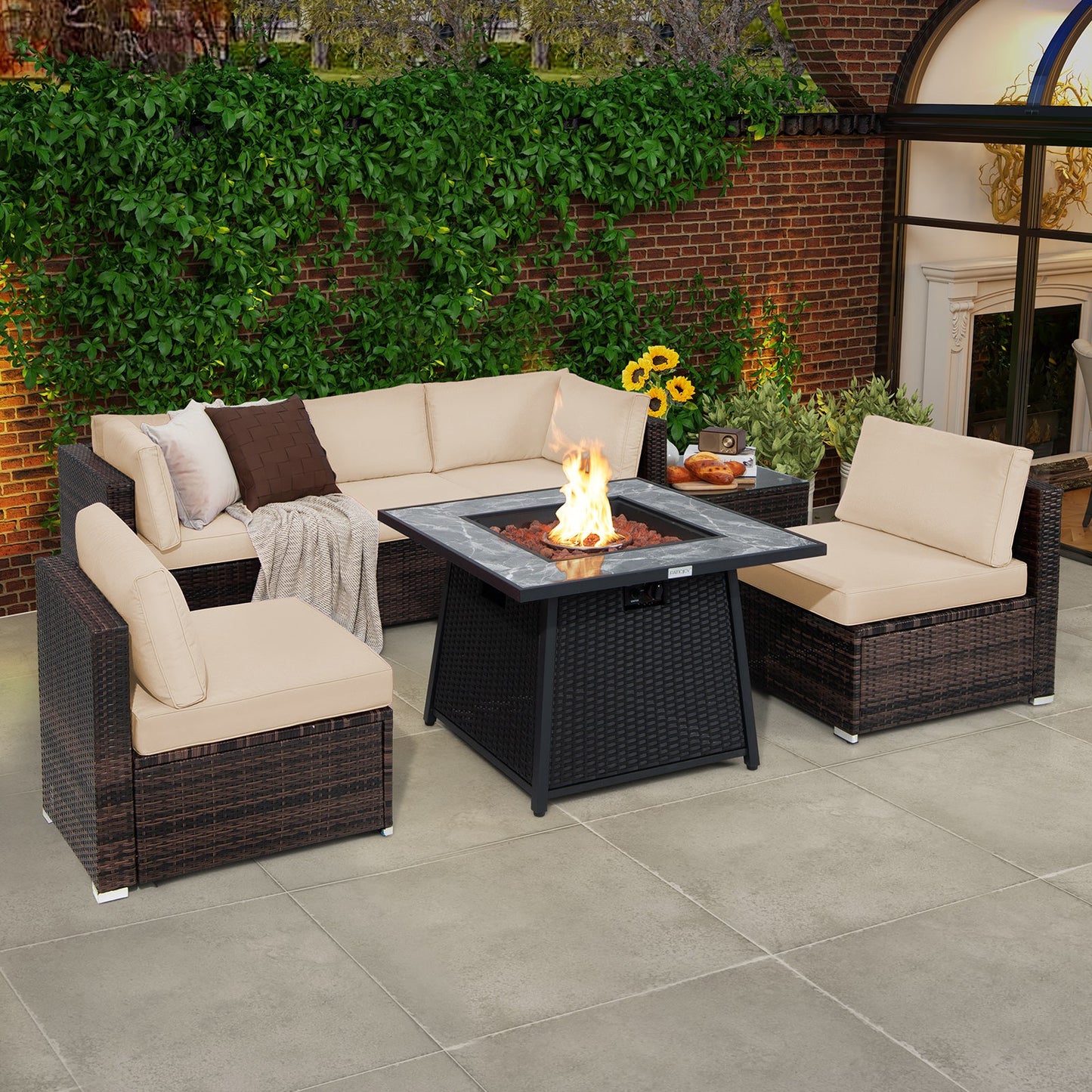 7 Pieces Patio Furniture Set with 35 Inches 50000 BTU Propane Gas Fire Pit Table and Waterproof Cover for Firpit
