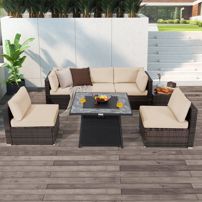 7 Pieces Patio Furniture Set with 35 Inches 50000 BTU Propane Gas Fire Pit Table and Waterproof Cover for Firpit