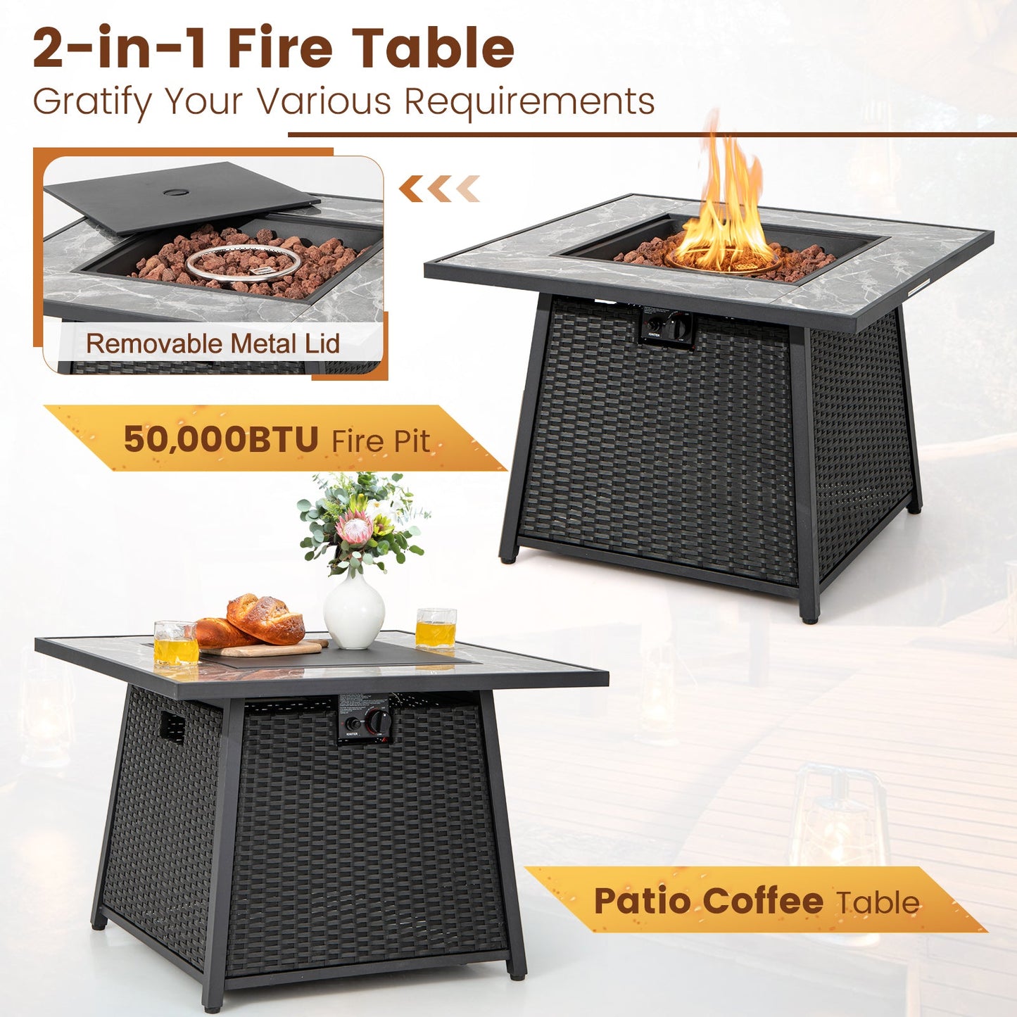 7 Pieces Patio Furniture Set with 35 Inches 50000 BTU Propane Gas Fire Pit Table and Waterproof Cover for Firpit