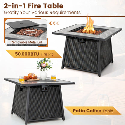 7 Pieces Patio Furniture Set with 35 Inches 50000 BTU Propane Gas Fire Pit Table and Waterproof Cover for Firpit