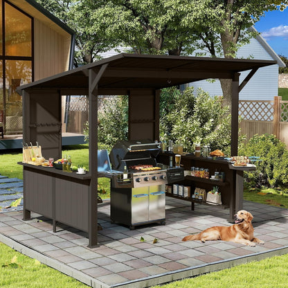 9X10FT Hardtop Grill Gazebo, Lean To Outdoor BBQ Gazebo with Storage Shelves and Expansion Platform