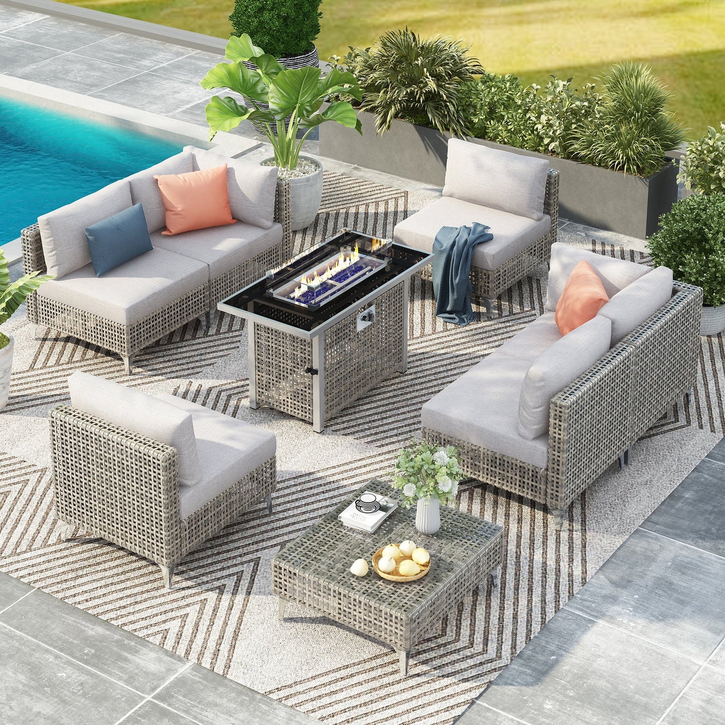 K&K Patio 8-Piece Patio Furniture Set with 43" Fire Pit Table