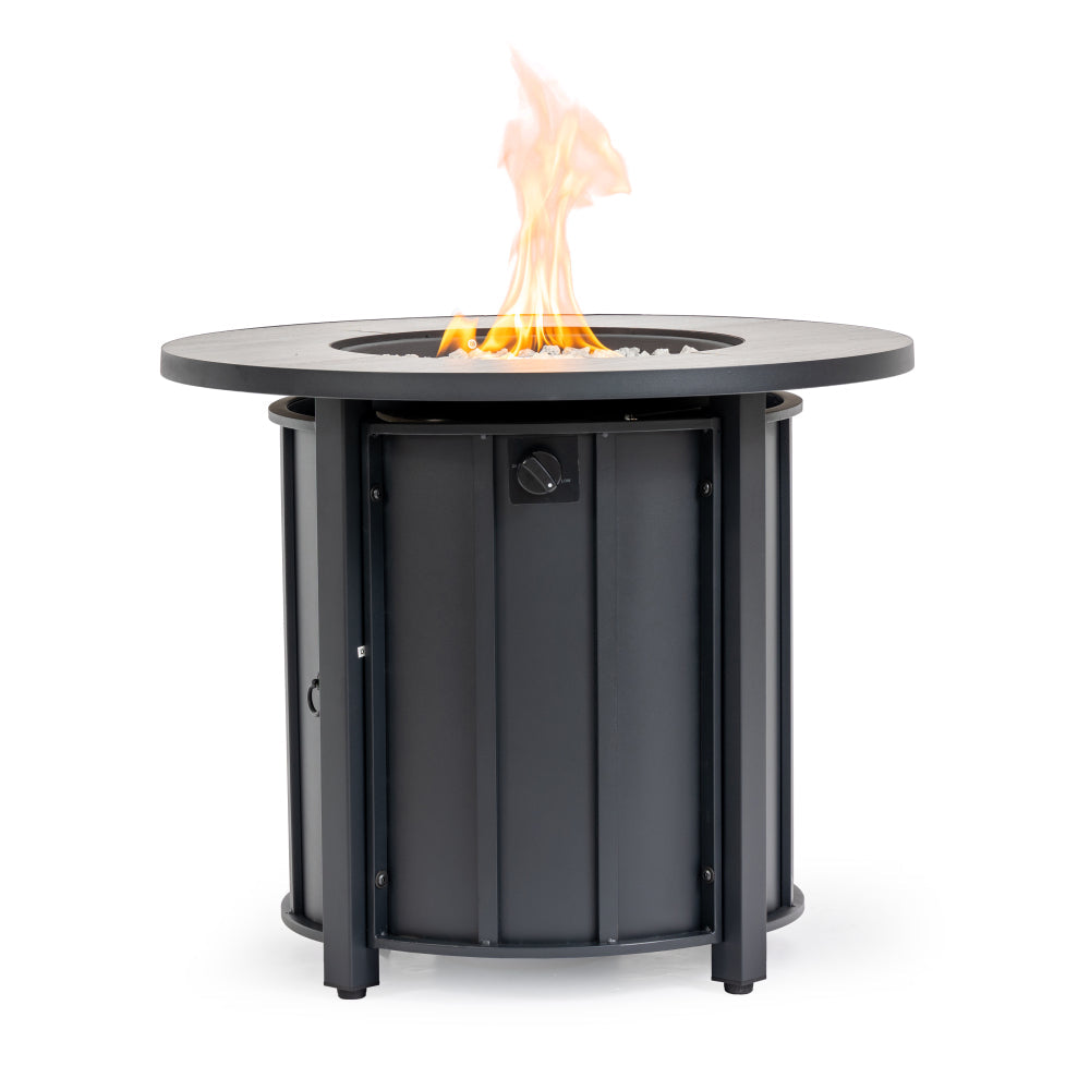 30" Propane Fire Pit Table | 50,000 BTU Round Steel Fire Table with Wood-Grain Ceramic Top & Rain Cover — Black