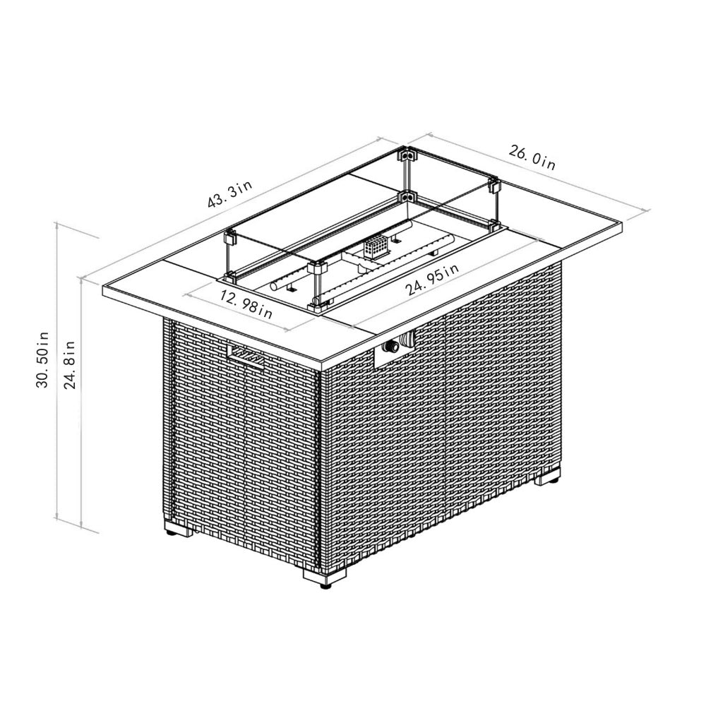 44" Propane Fire Pit Table | 50,000 BTU Rectangular Wicker Fire Table with Marble Tile Top & Glass Windscreen — Brown