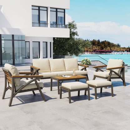 6-Piece Outdoor Patio Furniture Set with Steel Frame Sofa & Acacia Wood Table