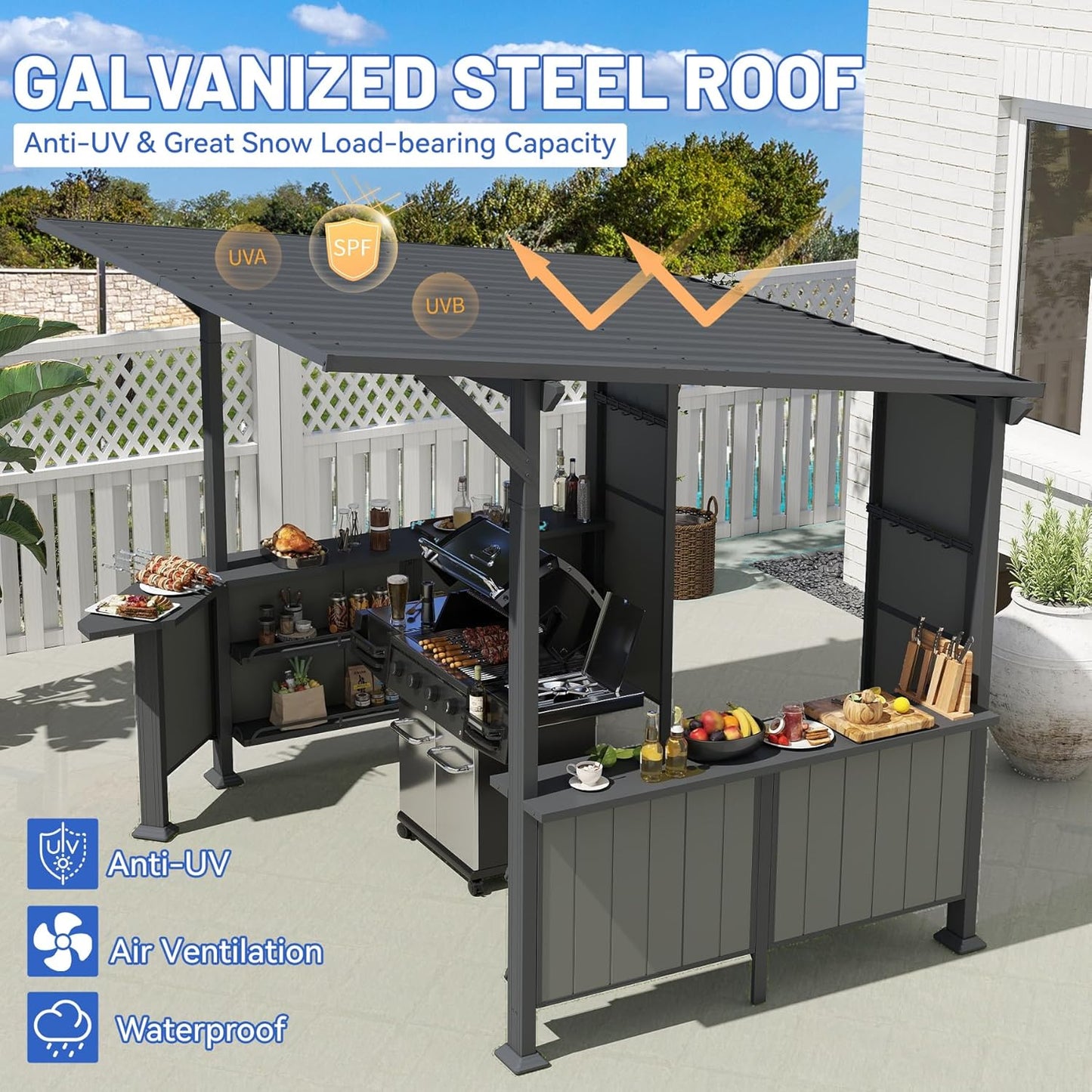 9X10FT Hardtop Grill Gazebo with Storage Shelves and Expansion Platform