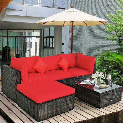 5 Pcs Outdoor Patio Rattan Furniture Set Sectional Conversation with Navy Cushions-Turquoise