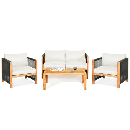 4 Pieces Acacia Wood Outdoor Patio Furniture Set with Cushions