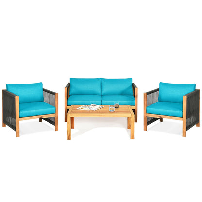 4 Pieces Acacia Wood Outdoor Patio Furniture Set with Cushions