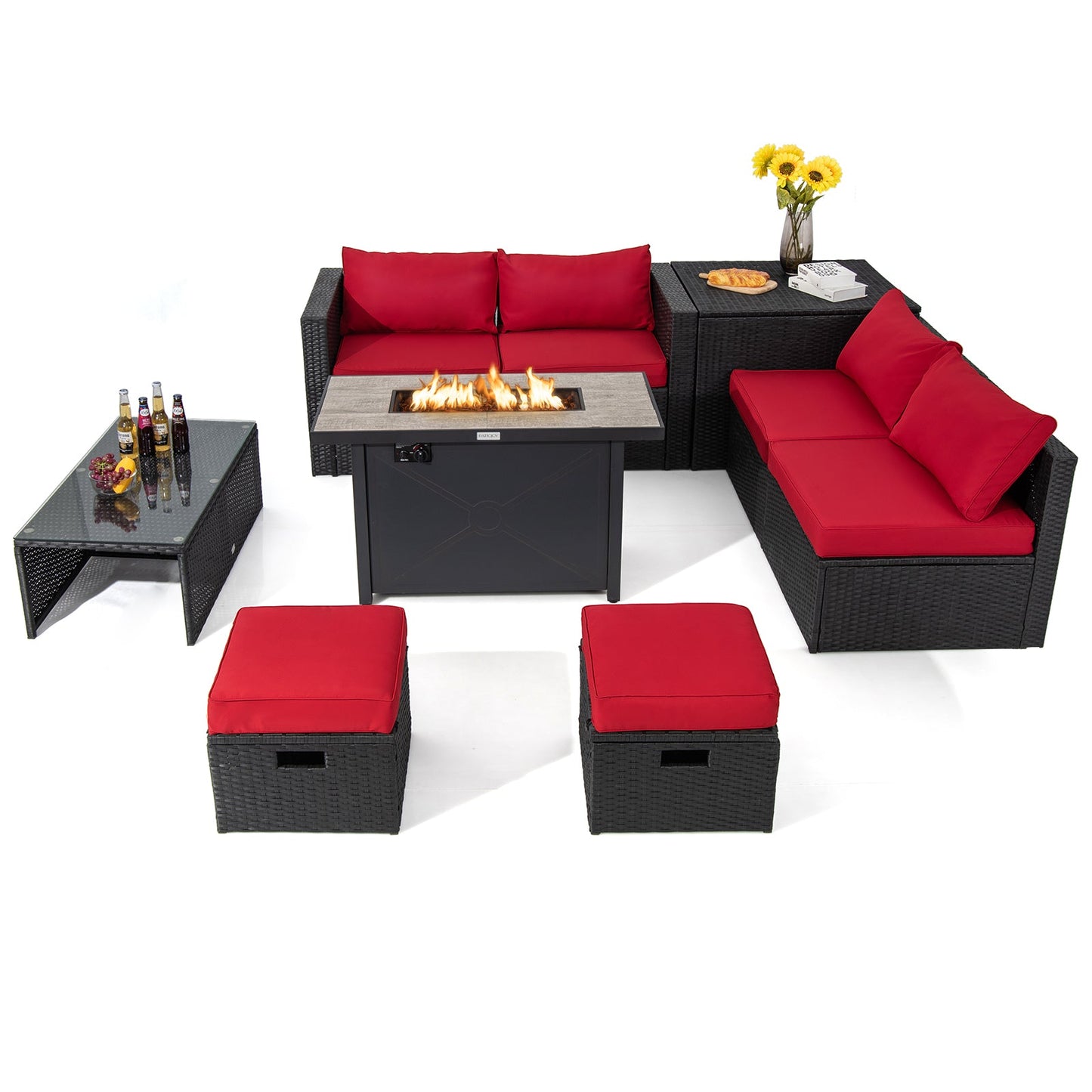 9 Pieces Outdoor PE Rattan Wicker Sectional Sofa with 42 Inch 60 000 BTU Gas Fire Pit Table