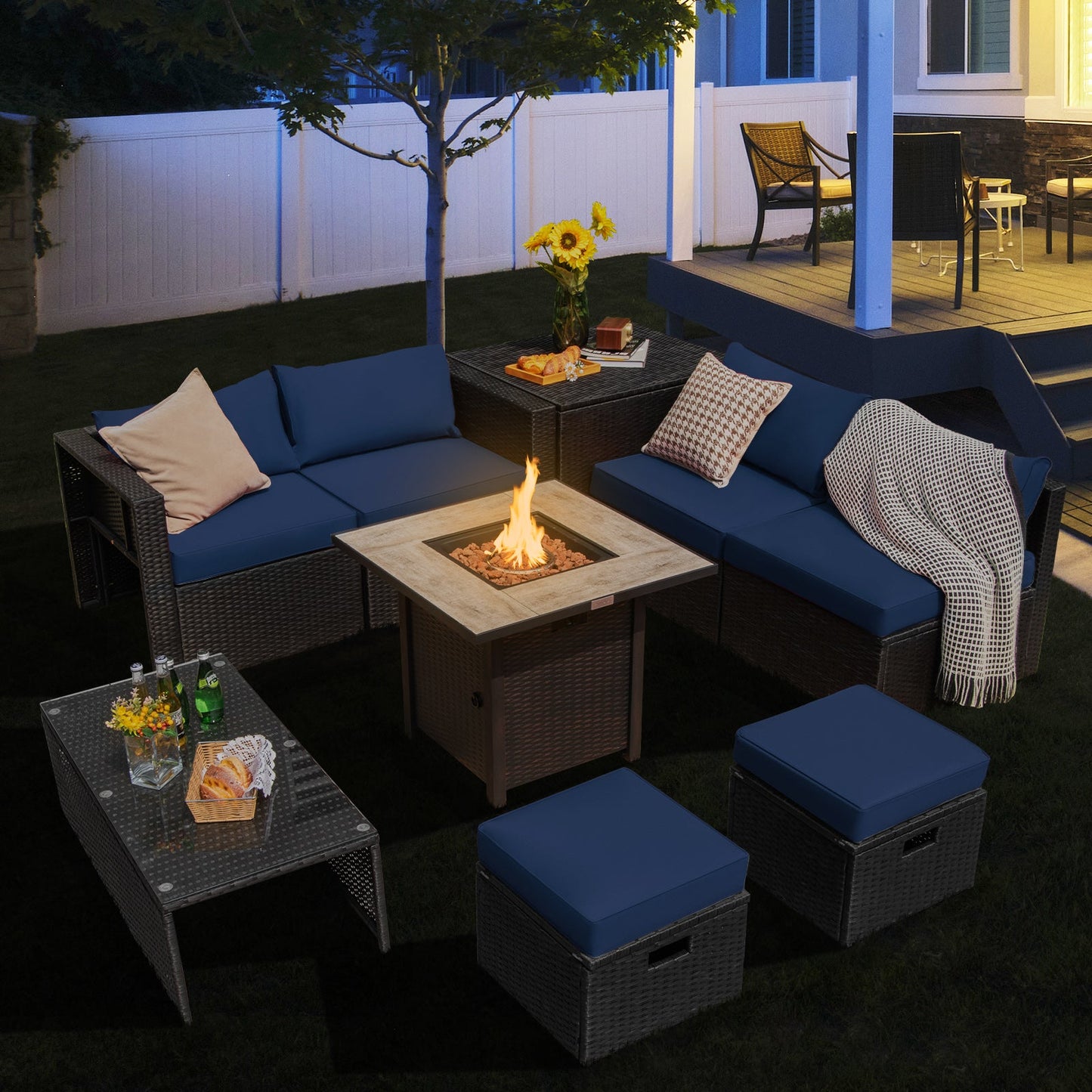 9 Pieces Outdoor PE Rattan Wicker Sectional Sofa with 42 Inch Gas Fire Pit Table