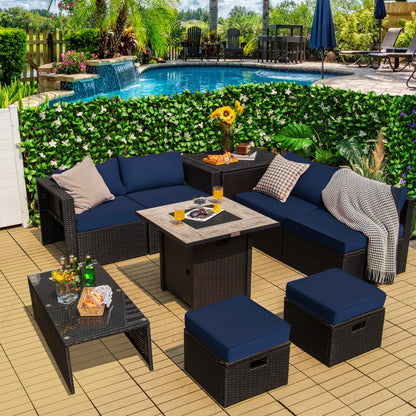 9 Pieces Outdoor PE Rattan Wicker Sectional Sofa with 42 Inch Gas Fire Pit Table