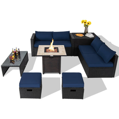9 Pieces Outdoor PE Rattan Wicker Sectional Sofa with 42 Inch Gas Fire Pit Table