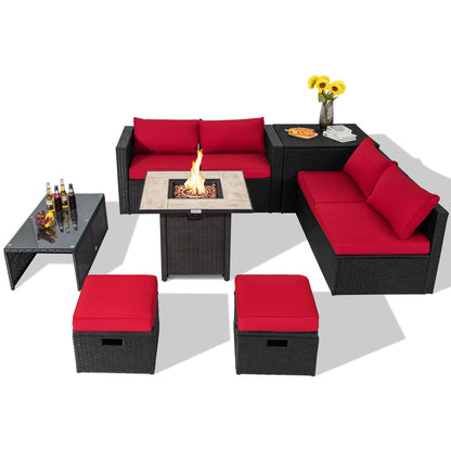 9 Pieces Outdoor PE Rattan Wicker Sectional Sofa with 42 Inch Gas Fire Pit Table