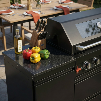 63" 6-Burner 85,000 BTU Black Outdoor Kitchen Island Grill + Marble Countertops