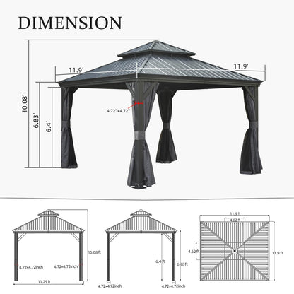 12'x12' Hardtop Gazebo Canopy with Galvanized Steel Double Roof